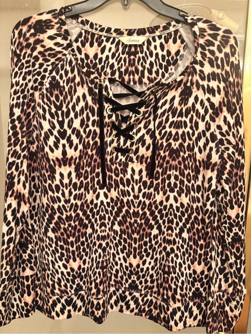 SOMA Super Soft Cotton Jersey Leopard Print Tee Top With Velvet Lacing